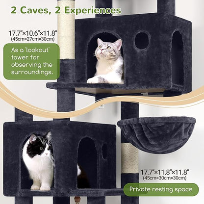 Globlazer Cat Tree, 70 inch Tall Scratching Tower Multi-Level Cat Condo for Indoor Multiple Cats with 2 Large Cat Caves, Top Perch, Large Platform, Bottom Swing, F70B, Dark Grey