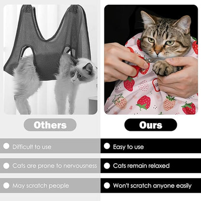 27.6" Cat Grooming Wrap, Self Adhesive Cat Wrap for Cutting Nails, Anti-Escape Calming Cat Swaddle Wrap for Medicine Ear Cleaning, Strawberry Anti-Scratch Cats Burrito Restraint Blanket, Pet Tool