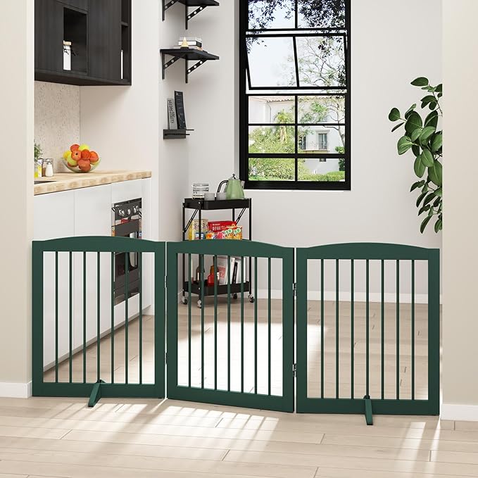 Freestanding Pet Gate for Dogs, Foldable Wooden Dog Gate for House, Indoor Dog Gate for Doorways, Stairs, Step Over Pet Puppy Safety Fence, Support Feet Included,24" Height 3 Panels,Green