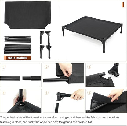 Elevated Dog Bed for Medium Dogs, Raised Dog Cot Beds Fits Up to 150 LBs, Heavy Duty Pet Cots with Durable Supportive Teslin Recyclable Washable Mesh, Indoor & Outdoor Dog Bed, Black
