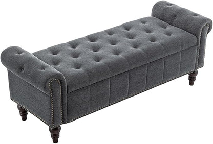 58’’ Storage Bench for Bedroom, Upholstered Button-Tufted Ottoman with Solid Wood Legs, Large End of Bed Shoe Cabinet, Window Seat Foot Rest Stool for Entryway, Closet, and Living Room (Dimgray)