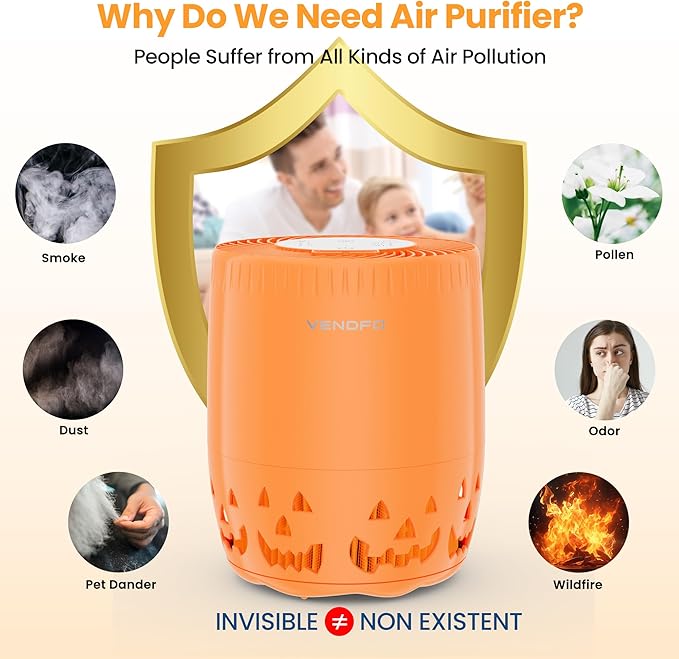 Air Purifiers for Home Bedroom up to 1076ft², True HEPA Air Filters Dust Pets Smoke Hair, 3 Fan Speeds Quiet, Timer Settings, Rechargeable Air Cleaner Office, Bedroom, Pets, Car(Orange)
