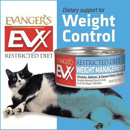 Evanger’s EVX Restricted Diet Weight Management Canned Cat Food – 24 Count, 5.5 oz Cans Each – Chicken, Salmon & Sweet Potato Recipe – Grain Free, Limited Ingredients, Pâté Style