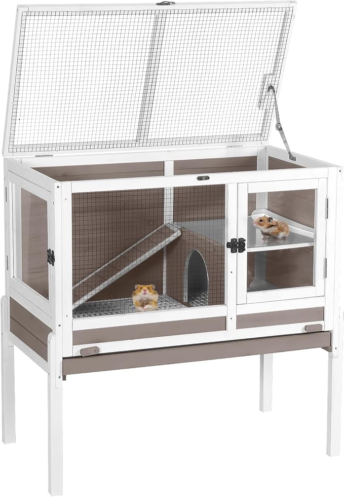 Aivituvin Wooden Guinea Pig Cages Indoor with Removable Stand, Anti Chewing Rabbit Hutch with Ramp and Wire Mesh, 2 Story Small Animals House Habitat with Pull Out Tray (Brown)