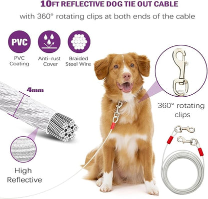360° Swivel Dog Tie Out Cable and Stake - 2025 Upgrad Stainless Steel Dog Stake Dog Anchor for Small to Large Dogs - No Tangle Reflective Run Cable for Yard (Silver 10 ft Cable)