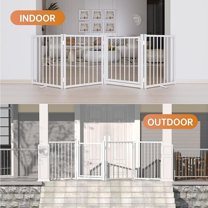 Full Metal Freestanding Dog Gate with Door, 24'' Height Foldable Pet Dog Fence for Indoor & Outdoor, 6 Panels Extra Wide Free Standing SmallDog Gates for Doorways,House,Stairs,Porch,Deck,Yard