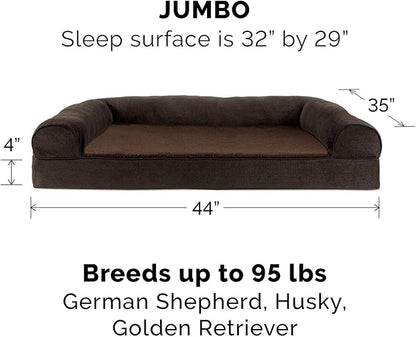 Furhaven Cooling Gel Dog Bed for Large Dogs w/ Removable Bolsters & Washable Cover, For Dogs Up to 95 lbs - Sherpa & Chenille Sofa - Coffee, Jumbo/XL