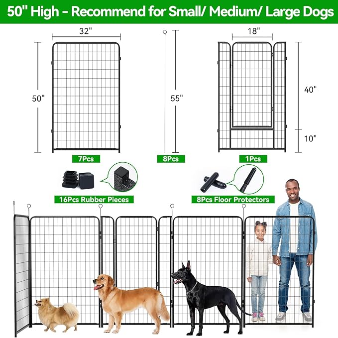 Dog Playpen Outdoor Extra Wide 8 Panels Heavy Duty Dog Fence 50" Height Anti-Rust with Doors Portable for RV Camping Yard, Total 21FT, 35 Sq.ft, Snowy Black