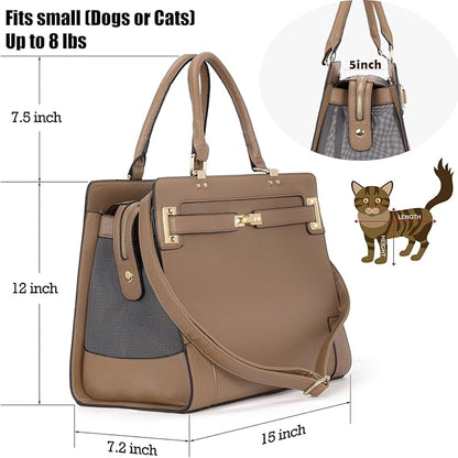 Fashion Pet Carrier Dog Cat Carrier Purse Soft-Sided Leather Handbag Pet Tote Bag for Small Dogs Puppy and Cats TSA Airline Approved (Khaki)