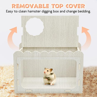 Fhiny Hamster Hideout Wooden Chamber with Climbing Ladder, Visible Hamster Digging Box with Acrylic Transparent Board Gerbil Platform Exploring House Habitat Decor for Dwarf Hamsters Gerbils Mice