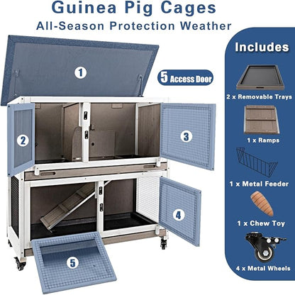 36" L Guinea Pig Cages Wooden, 2 Story Rabbit Cage Indoor Guinea Pig Habitat on 4 Metal Wheels and 2 Deeper Pull-Out Trays, Ramp, Leak Proof Guinea Pig Cages Indoor Small Animal Cage, Grey