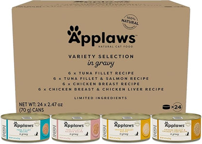 Applaws Natural Wet Cat Food in Gravy, Limited Ingredient Canned Wet Cat Food, No Additives, Made with Natural Ingredients, Variety Selection in Gravy Cans (24 x 2.47oz Cans)