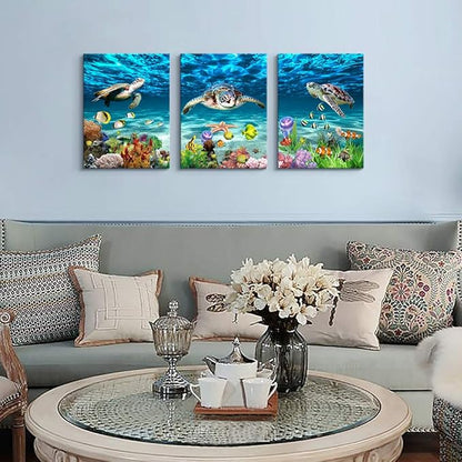 AHUASJART Canvas Wall Art for Living Room family Wall decor for Bedroom Bathroom Wall Decoration blue Ocean Sea Turtle Paintings Modern shark Pictures Artwork office Ready to Hang 12" x 16" 3 Piece