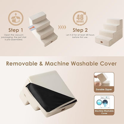 EHEYCIGA Dog Stairs for Bed 18" H, 4-Step Dog Steps for High Bed, Pet Steps for Small Dogs and Cats, Non-Slip Balanced Pet Ramp Indoor, Beige