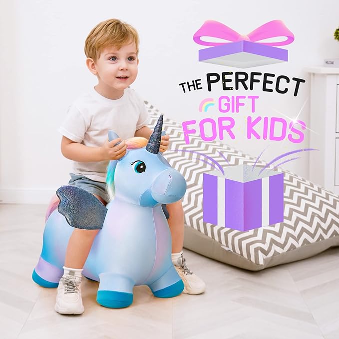 EVERICH TOY Unicorn Bouncy Horses Inflatable Plush Hopping Toy Bouncing Hopper Animals for Toddlers,Outdoor&Indoor Bouncy Animals for Toddlers,Gift for 18 Months 2 3 4 Year Old (W/Pump)