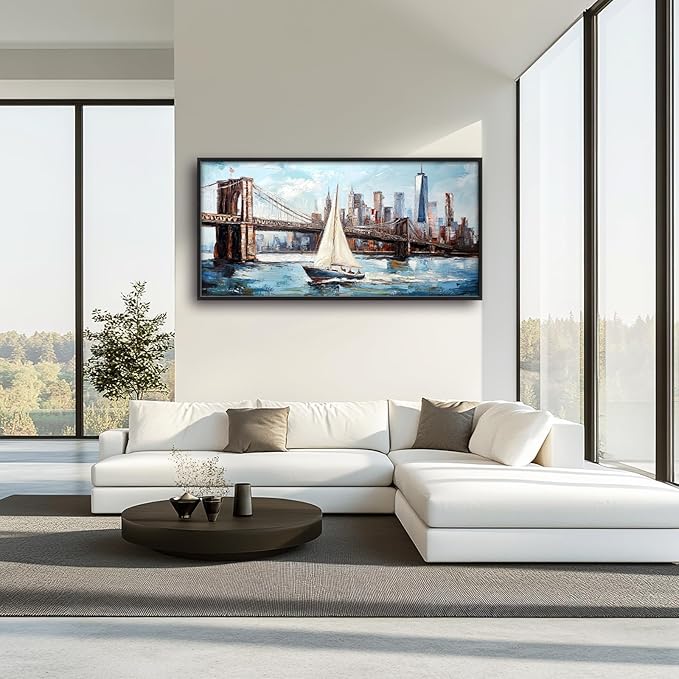 Extra Large Sailboat Framed Wall Art for Living Room,Oversized New York Brooklyn Bridge Pictures Wall Decor,Cityscape Canvas Print Painting Modern Artwork Bedroom Office Bathroom 60L" x 30W"