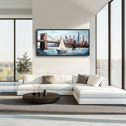 Extra Large Sailboat Framed Wall Art for Living Room,Oversized New York Brooklyn Bridge Pictures Wall Decor,Cityscape Canvas Print Painting Modern Artwork Bedroom Office Bathroom 60L" x 30W"