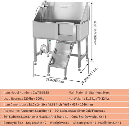 38 Inch Dog Bathing Station for Large Dogs, Stainless Steel Dog Pet Washing Station, Professional Dog Grooming Tub, Pet Wash Bath Station,Right Door