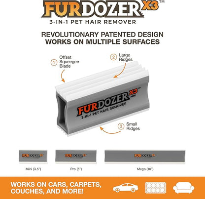 FurDozer X3 MINI Pet Hair Remover & Auto Detailing Tool - Cat & Dog Hair Remover for Carpet, Car Interior, Couch, Bedding, & Furniture - Reusable Pet Hair Removal Tool for Dog Fur & Lint, 3.5", Grey