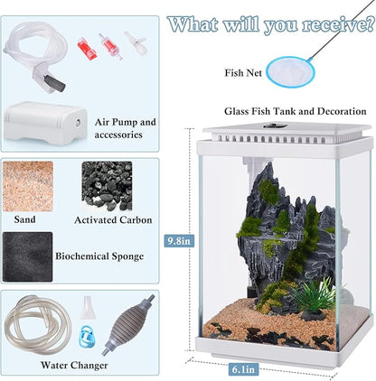 FEDOUR Small Glass Aquarium, 1 Gallon Desktop Fish Tank, Betta Fish Tank, Mini Aquarium Starter Kit with Air Pump LED Light Decoration Water Changer Fish Net (White)