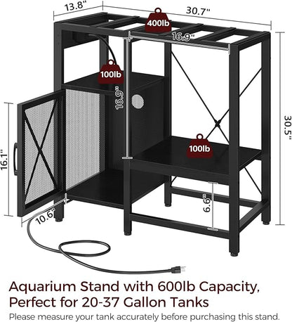 20-37 Gallon Fish Tank Stand, Aquarium Stand with Power Outlet and Storage Cabinet, Heavy Duty Tank Stand Suitable for Turtle Tank, Reptile Terrarium, for Home Office, Black FTHB40E01