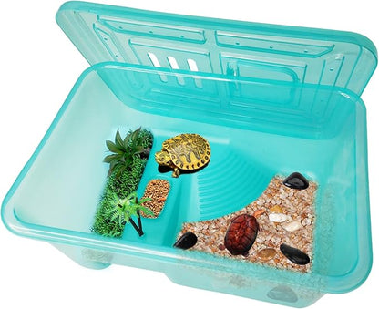 Fhiny Turtle Tank with Lid, Plastic Reptile Terrarium Turtle Breeding Box with Basking Platform Tortoise Aquarium for Crayfish Hermit Crabs Geckos Lizards Habitat Prevent Escaping (Medium)
