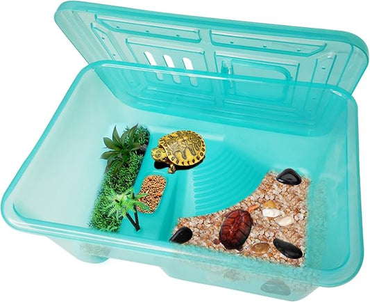 Fhiny Turtle Tank with Lid, Plastic Reptile Terrarium Turtle Breeding Box with Basking Platform Tortoise Aquarium for Crayfish Hermit Crabs Geckos Lizards Habitat Prevent Escaping (Small)