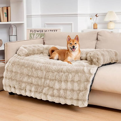 FUNNY FUZZY Pet Fluffy Plush Calming Dog Couch Bed Sofa Protector Washable Pets Mat for Large Medium Small Dogs and Cats (Coffee,47.24 × 37.4 × 6.3 in)