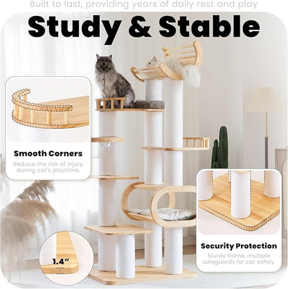 74.8" Modern Cat Tree for Indoor Cats, Tall Wood Cat Tower with Scratching Post, Heavy Duty Luxury Condo with Removable Mats, Multi-Level Cat Furniture for Cats