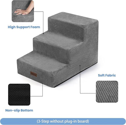 Dog Stairs for Small Dogs & Cats,3-Step Extra Wide Non-Slip Pet Steps for Couch Sofa and Chair,Grey,15.7" H