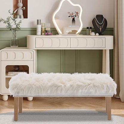 46 Inch White Bedroom Bench, Modern Multi-Purpose Bench with Wooden Legs, Faux Fur Upholstered, 3-Seater, 220 lbs Weight Capacity