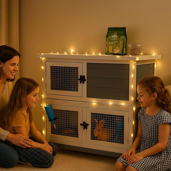 2 Story Solid Wood Rabbit/Bunny Hutch with 2 Large Main Rooms, Indoor Outdoor Rabbit House Guinea Pig Cage Pet House for Small Animals with Ventilation Door Removable Tray Waterproof Roof (Grey)