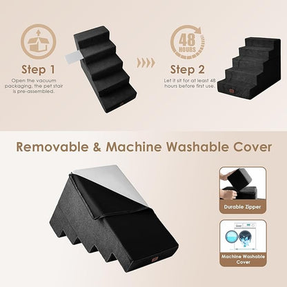 EHEYCIGA Dog Stairs for High Bed 25" H, 5-Step Extra Wide Dog Steps for Bed, Pet Steps for Small Dogs and Cats, Non-Slip Balanced Pet Ramp Indoor, Black