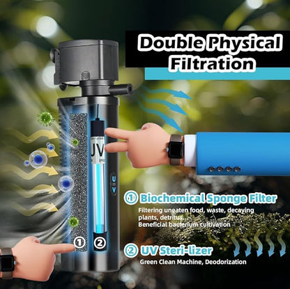 Aquarium Filter for 100-400 Gallon Tank, U-V Fish Tank Green Clean Machine Submersible Powerful Pump Canister Filter 600GPH for Pond Turtle Tank Saltwater Freshwater Crystal Clear Green Killing