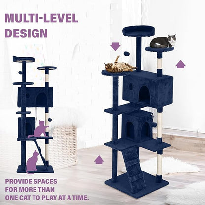 70 Inches Multi-Level Cat Tower for Indoor Cats - XL Tree Climbing Condo With Scratching Posts and Hanging Toys, Navy Blue