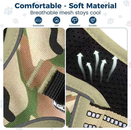 Funfox Dog Harness No Pull, Adjustable Pet Vest Harness, Super Soft Material with Vertical Handle Easy Control, Reflective Night Walking, 2 Leash Clips for Large Dogs, Camo Green, L