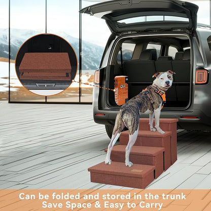 Dog Stairs with Storage 23" H, 4-Step Wider Dog Steps for High Beds Window, Folding Sturdy Pet Stairs Gift for Small/Medium/Large Old Dogs Cats, Ramp for Climbing Car Up to 200 lbs, Brown