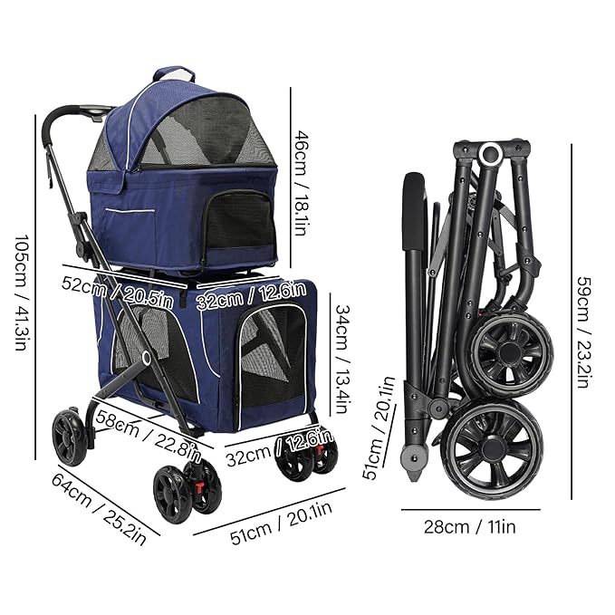 Double Pet Stroller,3.07lbs Dog Cat Carrying Cart,Lightweight Foldable Pet Stroller with 4 Wheels,Blue Portable Compact Pet Travel Cart for Small Dogs and Cats (Blue)