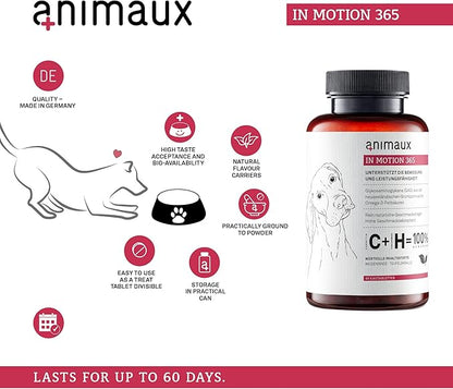 animaux – in Motion 365 for Dogs, Joints, Bones, Mobility, Ligaments and Tendons, Green-Lipped Mussel, Willow Bark and Devil’s Claw, Natural Pain Relief, 60 Chewable Tablets, 60 Days Supply
