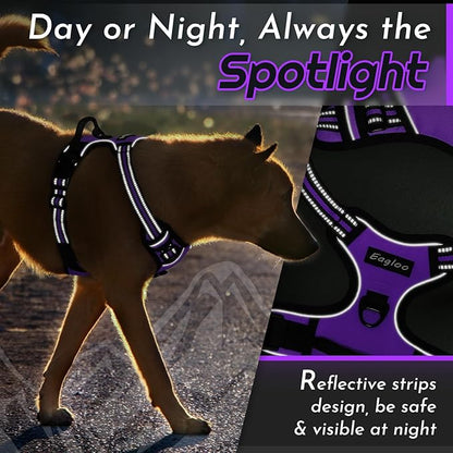 Eagloo Dog Harness for Large Dogs, No Pull Service Vest with Reflective Strips and Control Handle, Adjustable and Comfortable for Easy Walking, No Choke Pet Harness with 2 Metal Rings, Purple, L