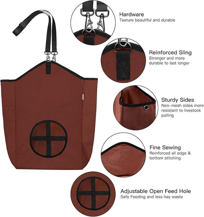 3 Packs Goat Hay Feeder,Hay Bags for Goats,Horses,Sheep,Premium 600D Oxford Cloth,with Metal Fastener and Adjustable Open Feed Hole for Slow Feeding. (2Brown + 1Black)
