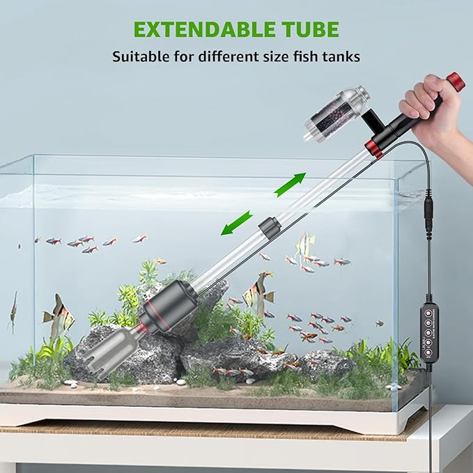 Electric Aquarium Vacuum Gravel Cleaner: 24W Fish Tank Vacuum Gravel Cleaner with Strong Suction for Automatic Water Change Algae Remover Sand Wash Water Shower and Water Circulation, Timed Off