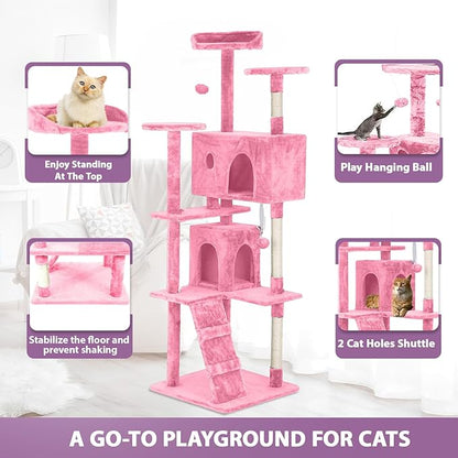 70 inches Cat Tower for Indoor Cats Multi-Level Cat Condos for XL Cat Tree Cat Climbing Tower with Scratching Posts, Hanging Toys,Pink