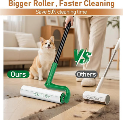 10" Large Lint Roller for Pet Hair Extra Sticky, Long Handle Floor Sticky Rollers with Big Lint Roller Refills for Cleaning Carpets, Cars, Furniture,Clothing, and Pet Hair,Green