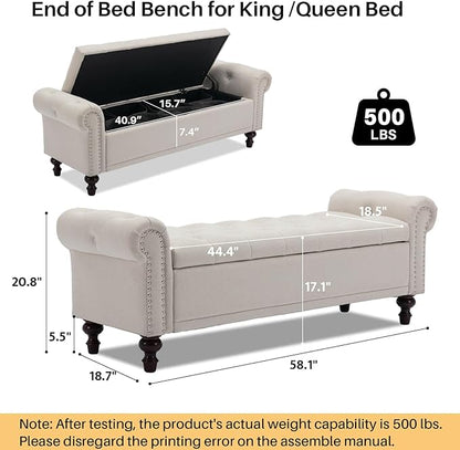 58.1'' Storage Bench Upholstered Linen End of Bedroom Bed Bench Ottoman with Tufted Cushioned Rolled Arm Large Storage Space for Reading Living Room Entryway, Beige
