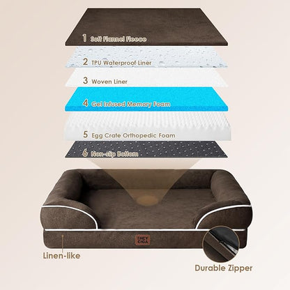 EHEYCIGA Orthopedic Dog Beds for Extra Large Dogs, Waterproof Memory Foam XXL Dog Bed with Sides, Non-Slip Bottom and Egg-Crate Foam Big Pet Couch Bed with Washable Removable Cover, Brown