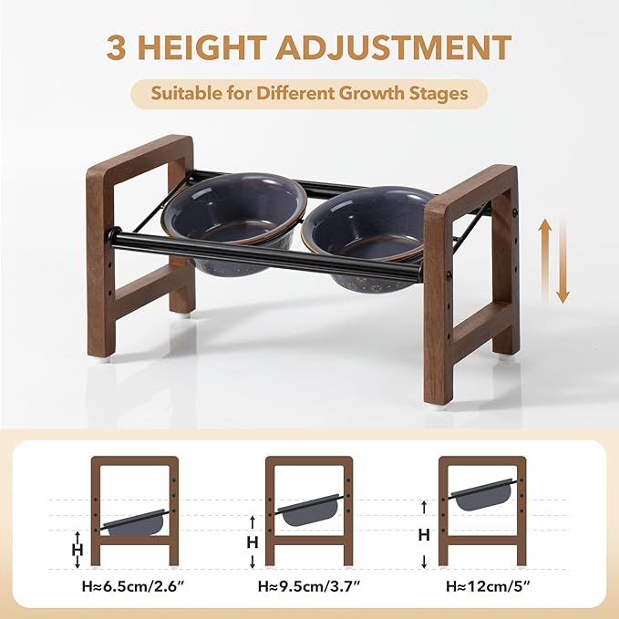 5.5inch Ceramic Adjustable Raised Double Bowls Set with Stand, 3 Heights Elevated, 2 Placement Options, Food and Water Dishes for Puppy, Cats（Double Bowls+Stand, Reactived Glaze -Grey