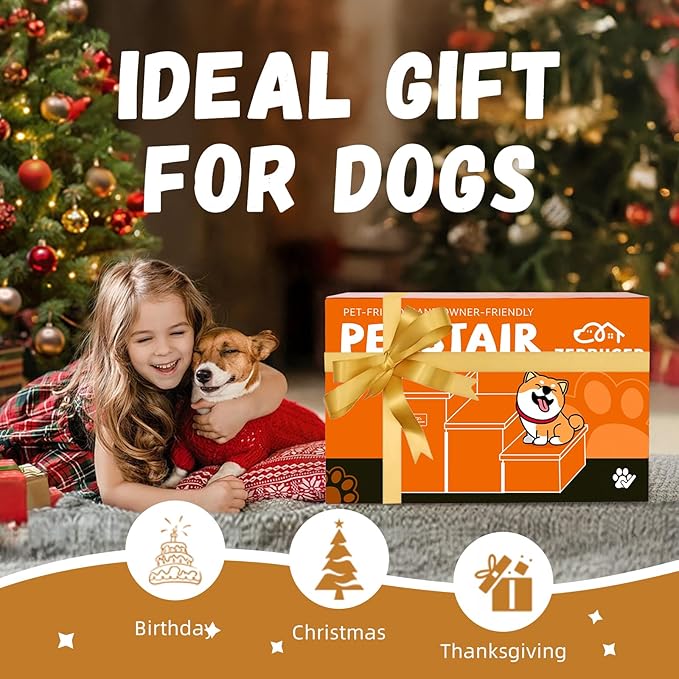 Dog Stairs with Storage 18" H, 3-Step Wider Dog Steps for Small/Medium/Large Old Dogs Cats, Folding Sturdy Pet Stairs Climbing Bed or Couch, Ramp for Car Up to 200 lbs (Beige, No Condo)