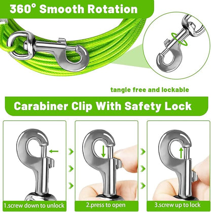 Dog Tie Out Cable 10/15/20/25/30 FT Runner for Yard Steel Wire Cable with Durable Superior Clips Green Chains for Outside Dog Lead for Large Up to 165 Lbs