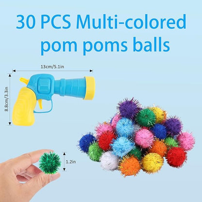 Dorhui Cat Toy Gun Launcher - 30 Pcs Sparkle Pom Pom Balls and Ball Launcher, Fetch Toy Gun Shooter, Interactive Glitter Balls for Indoor Cats and Kitty Gifts